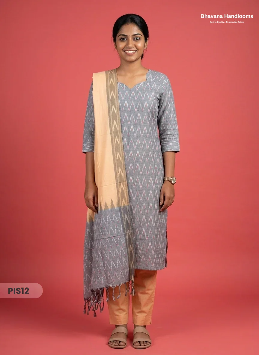 Pochampally Handloom Cotton Kurti Set Ash Grey – Star Neck, Elastic Bottom, Pocket | Premium Ethnic Wear