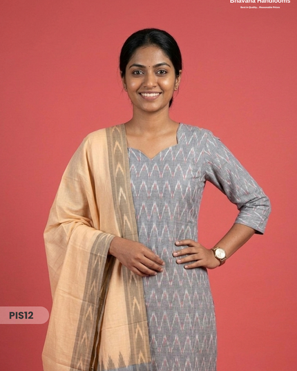 Pochampally Handloom Cotton Kurti Set Ash Grey – Star Neck, Elastic Bottom, Pocket | Premium Ethnic Wear