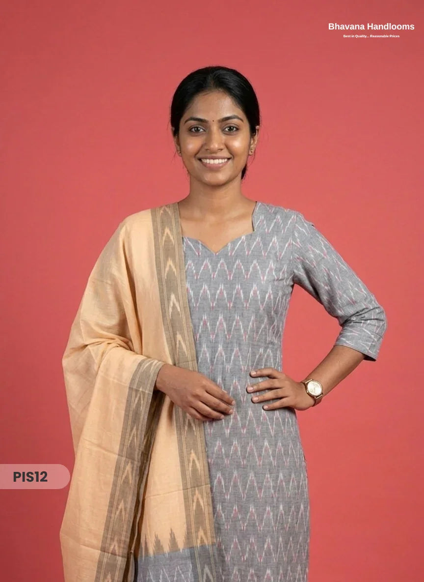 Pochampally Handloom Cotton Kurti Set Ash Grey – Star Neck, Elastic Bottom, Pocket | Premium Ethnic Wear