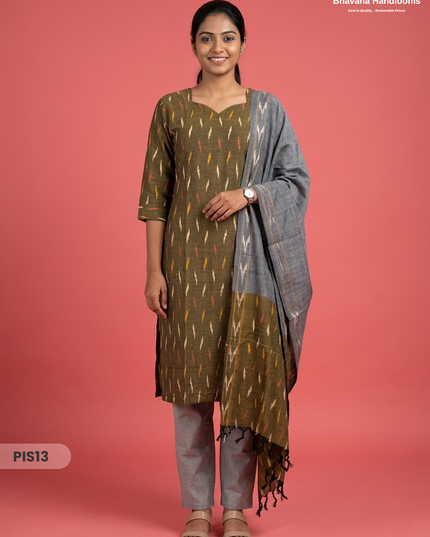 Pochampally Handloom Cotton Kurti Set Olive Green – Star Neck, Elastic Bottom, Pocket | Premium Ethnic Wear