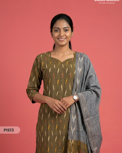 Pochampally Handloom Cotton Kurti Set Olive Green – Star Neck, Elastic Bottom, Pocket | Premium Ethnic Wear