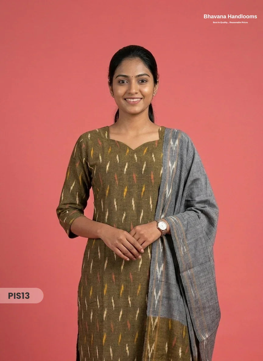 Pochampally Handloom Cotton Kurti Set Olive Green – Star Neck, Elastic Bottom, Pocket | Premium Ethnic Wear