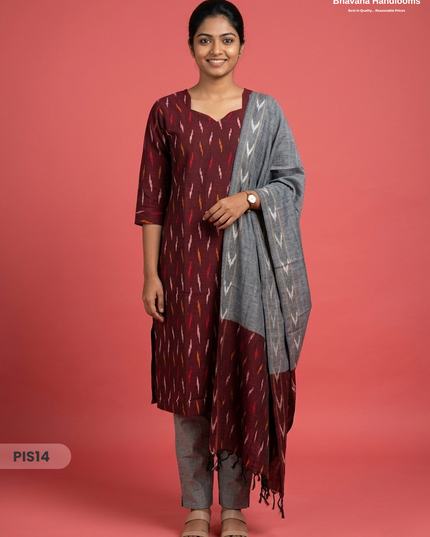 Pochampally Handloom Cotton Kurti Set Wine Red – Star Neck, Elastic Bottom, Pocket | Premium Ethnic Wear