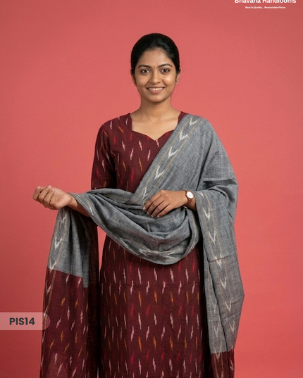 Pochampally Handloom Cotton Kurti Set Wine Red – Star Neck, Elastic Bottom, Pocket | Premium Ethnic Wear
