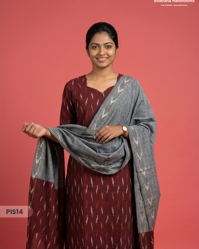 Pochampally Handloom Cotton Kurti Set Wine Red – Star Neck, Elastic Bottom, Pocket | Premium Ethnic Wear