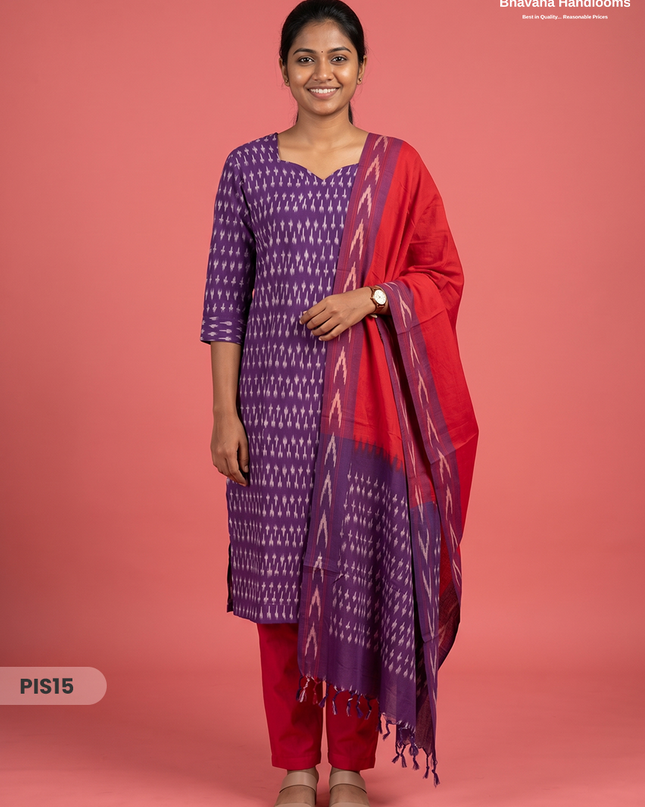 Pochampally Handloom Cotton Kurti Set Deep Purple – Star Neck, Elastic Bottom, Pocket | Premium Ethnic Wear