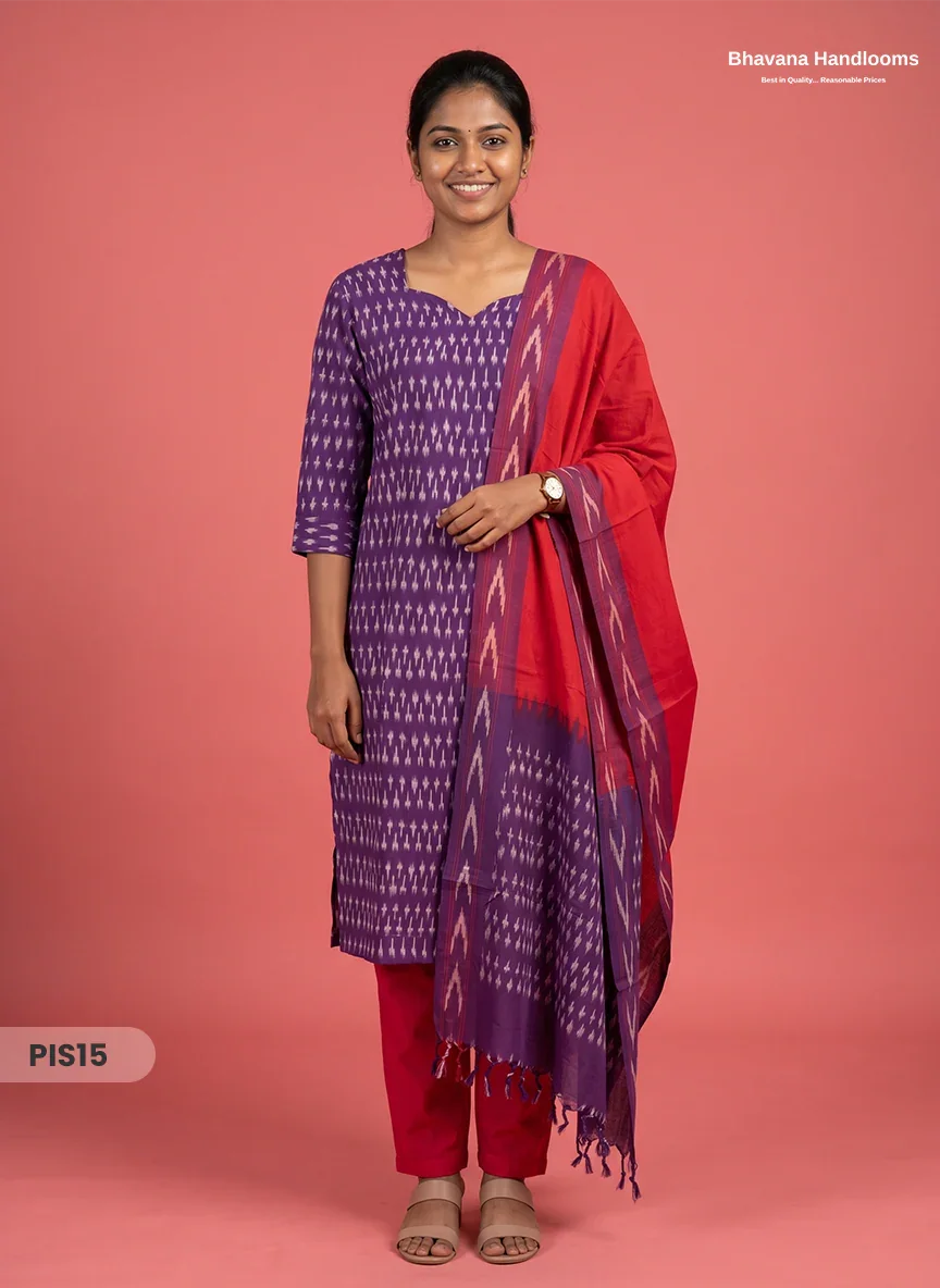 Pochampally Handloom Cotton Kurti Set Deep Purple – Star Neck, Elastic Bottom, Pocket | Premium Ethnic Wear