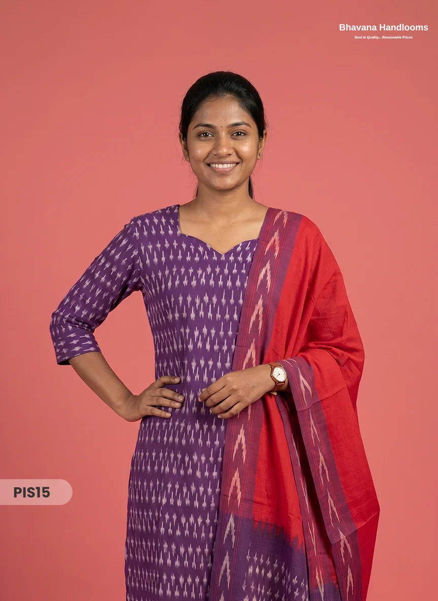 Pochampally Handloom Cotton Kurti Set Deep Purple – Star Neck, Elastic Bottom, Pocket | Premium Ethnic Wear