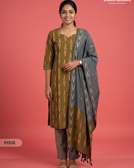 Pochampally Handloom Cotton Kurti Set Olive Mustard – Star Neck, Elastic Bottom, Pocket | Premium Ethnic Wear