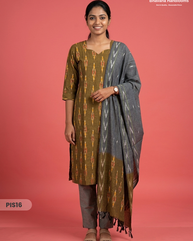 Pochampally Handloom Cotton Kurti Set Olive Mustard – Star Neck, Elastic Bottom, Pocket | Premium Ethnic Wear