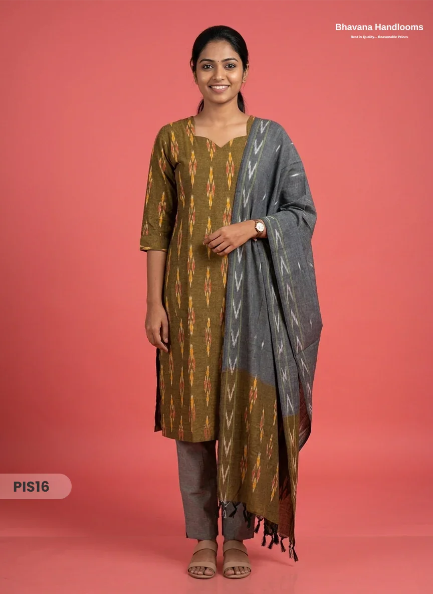 Pochampally Handloom Cotton Kurti Set Olive Mustard – Star Neck, Elastic Bottom, Pocket | Premium Ethnic Wear