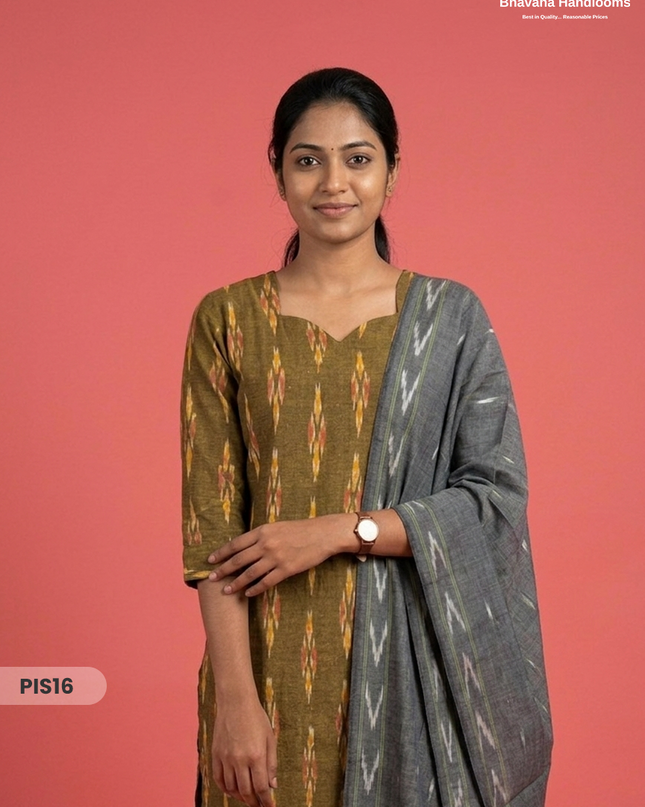 Pochampally Handloom Cotton Kurti Set Olive Mustard – Star Neck, Elastic Bottom, Pocket | Premium Ethnic Wear