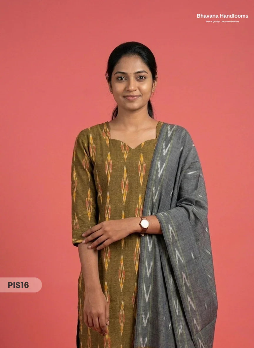 Pochampally Handloom Cotton Kurti Set Olive Mustard – Star Neck, Elastic Bottom, Pocket | Premium Ethnic Wear