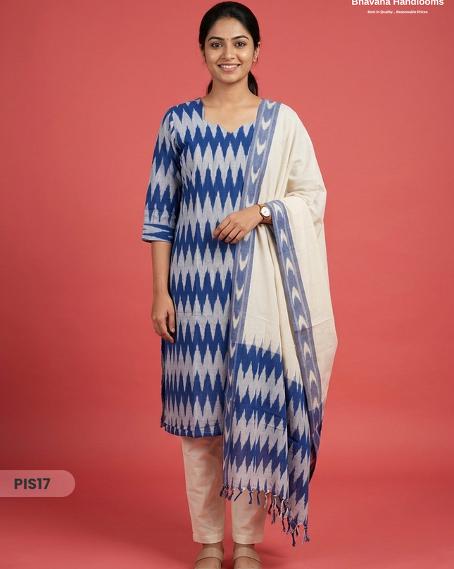 Pochampally Handloom Cotton Kurti Set Royal Blue – Star Neck, Elastic Bottom, Pocket | Premium Ethnic Wear