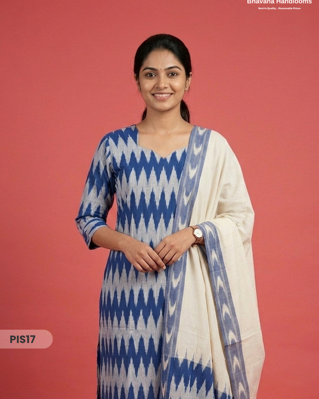 Pochampally Handloom Cotton Kurti Set Royal Blue – Star Neck, Elastic Bottom, Pocket | Premium Ethnic Wear
