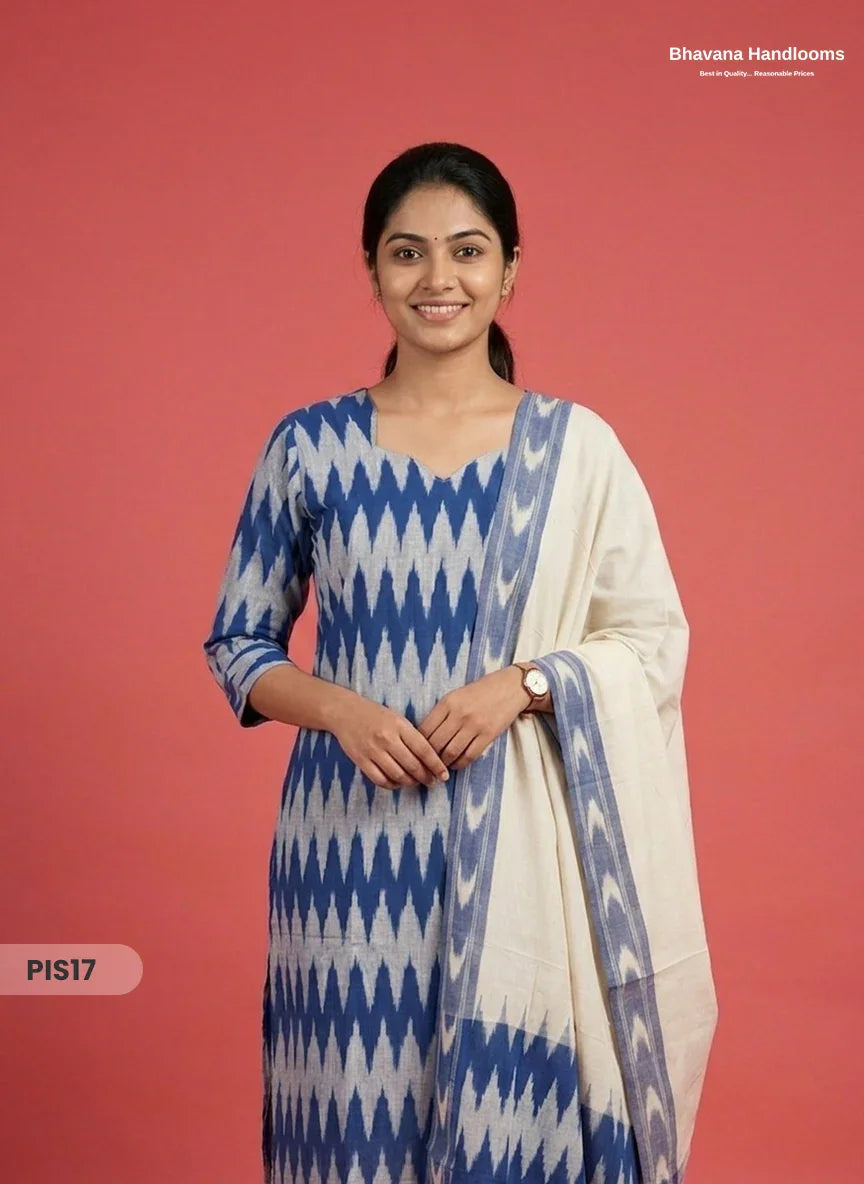 Pochampally Handloom Cotton Kurti Set Royal Blue – Star Neck, Elastic Bottom, Pocket | Premium Ethnic Wear