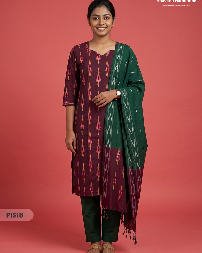 Pochampally Handloom Cotton Kurti Set Deep Plum – Star Neck, Elastic Bottom, Pocket | Premium Ethnic Wear