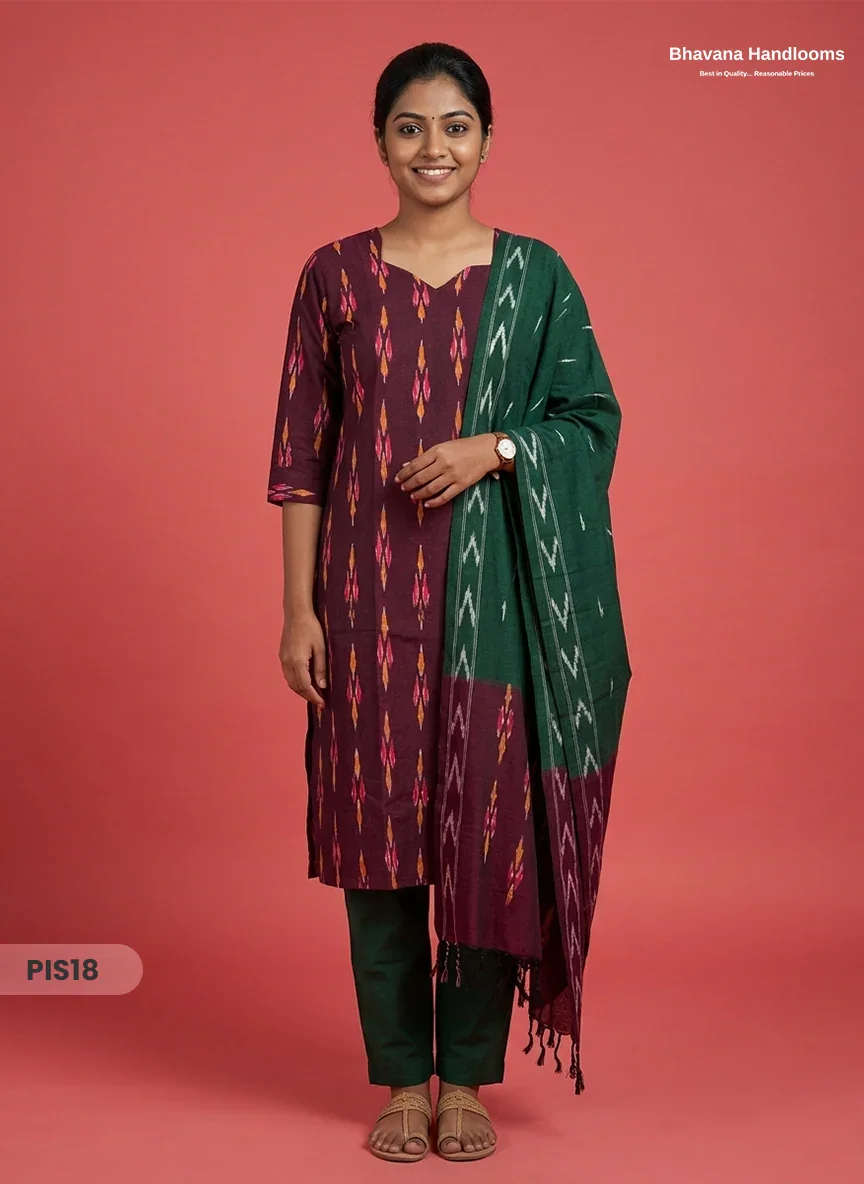 Pochampally Handloom Cotton Kurti Set Deep Plum – Star Neck, Elastic Bottom, Pocket | Premium Ethnic Wear