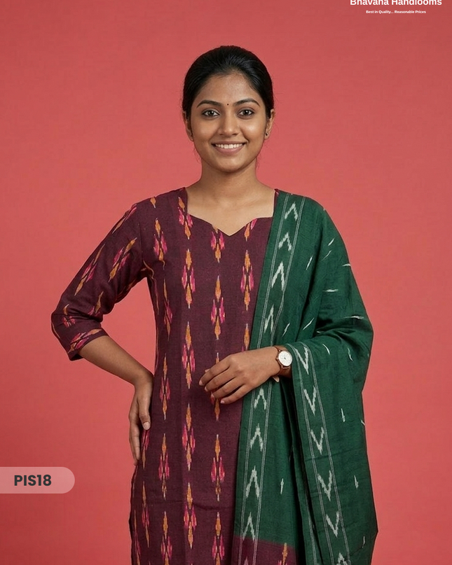 Pochampally Handloom Cotton Kurti Set Deep Plum – Star Neck, Elastic Bottom, Pocket | Premium Ethnic Wear