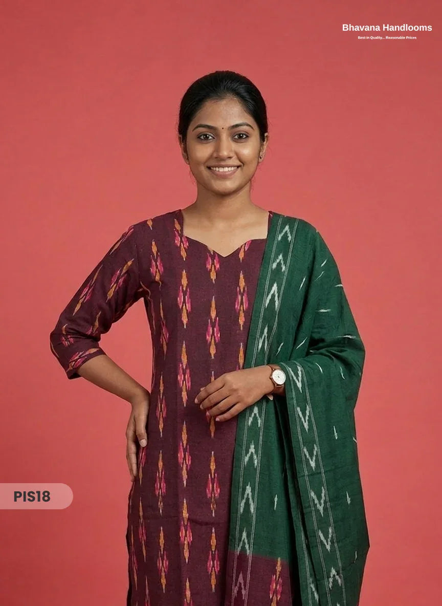 Pochampally Handloom Cotton Kurti Set Deep Plum – Star Neck, Elastic Bottom, Pocket | Premium Ethnic Wear