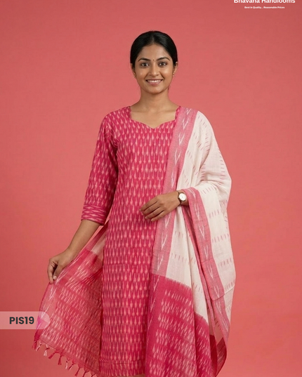 Pochampally Handloom Cotton Kurti Set Rani Pink – Star Neck, Elastic Bottom, Pocket | Premium Ethnic Wear