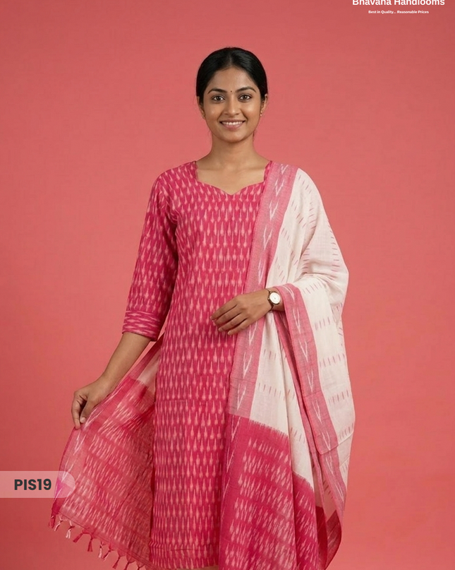 Pochampally Handloom Cotton Kurti Set Rani Pink – Star Neck, Elastic Bottom, Pocket | Premium Ethnic Wear