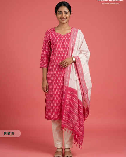 Pochampally Handloom Cotton Kurti Set Rani Pink – Star Neck, Elastic Bottom, Pocket | Premium Ethnic Wear