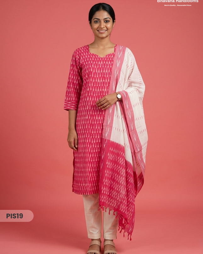 Pochampally Handloom Cotton Kurti Set Rani Pink – Star Neck, Elastic Bottom, Pocket | Premium Ethnic Wear
