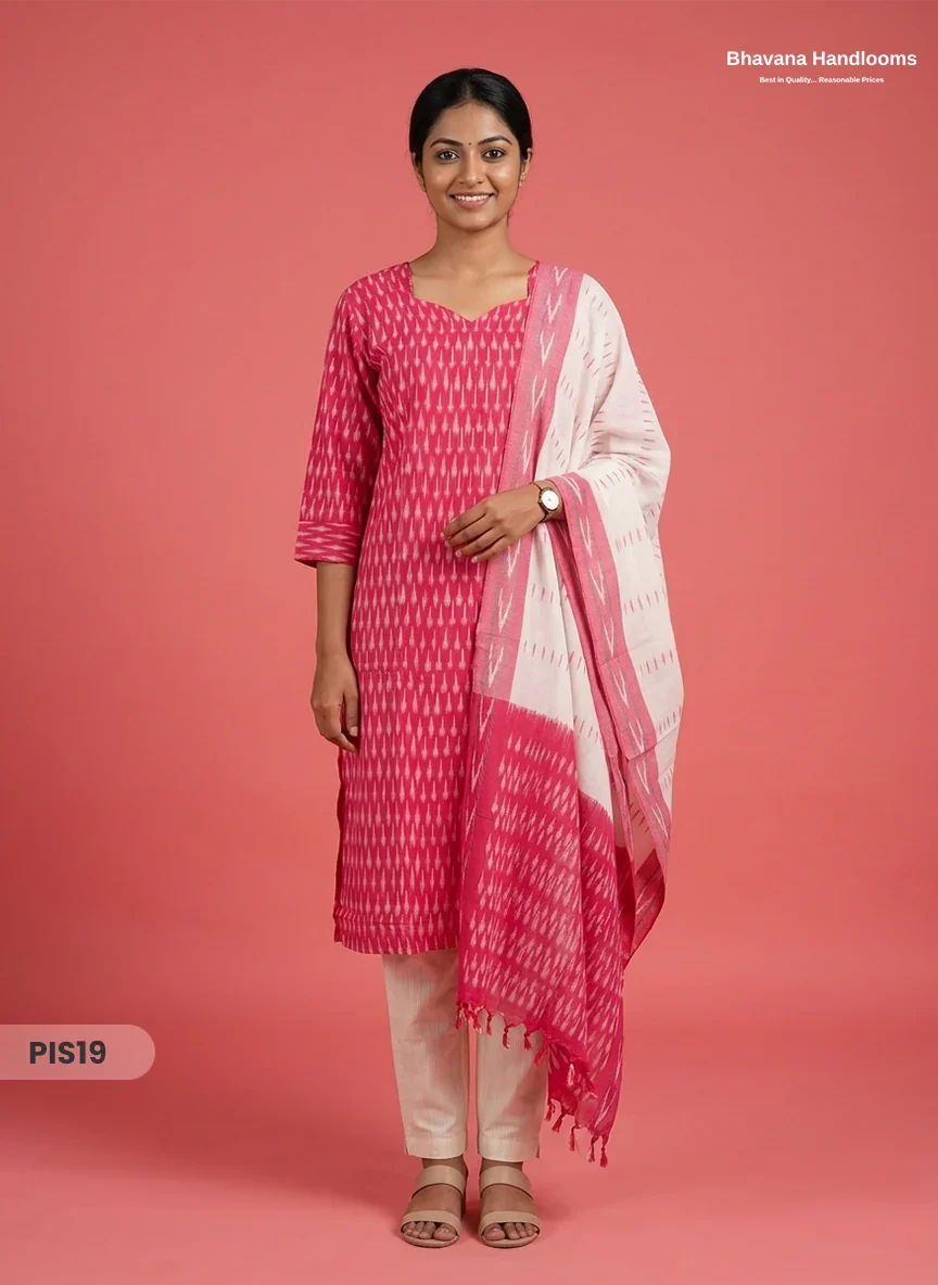 Pochampally Handloom Cotton Kurti Set Rani Pink – Star Neck, Elastic Bottom, Pocket | Premium Ethnic Wear