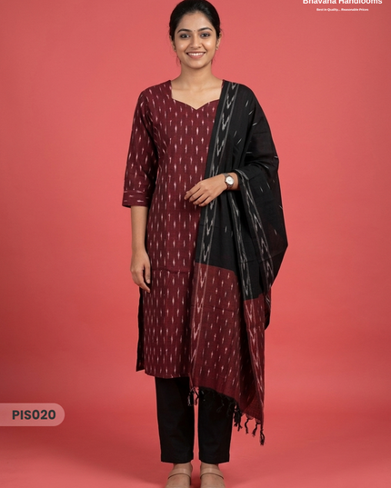 Pochampally Handloom Cotton Kurti Set Deep Maroon – Star Neck, Elastic Bottom, Pocket | Premium Ethnic Wear