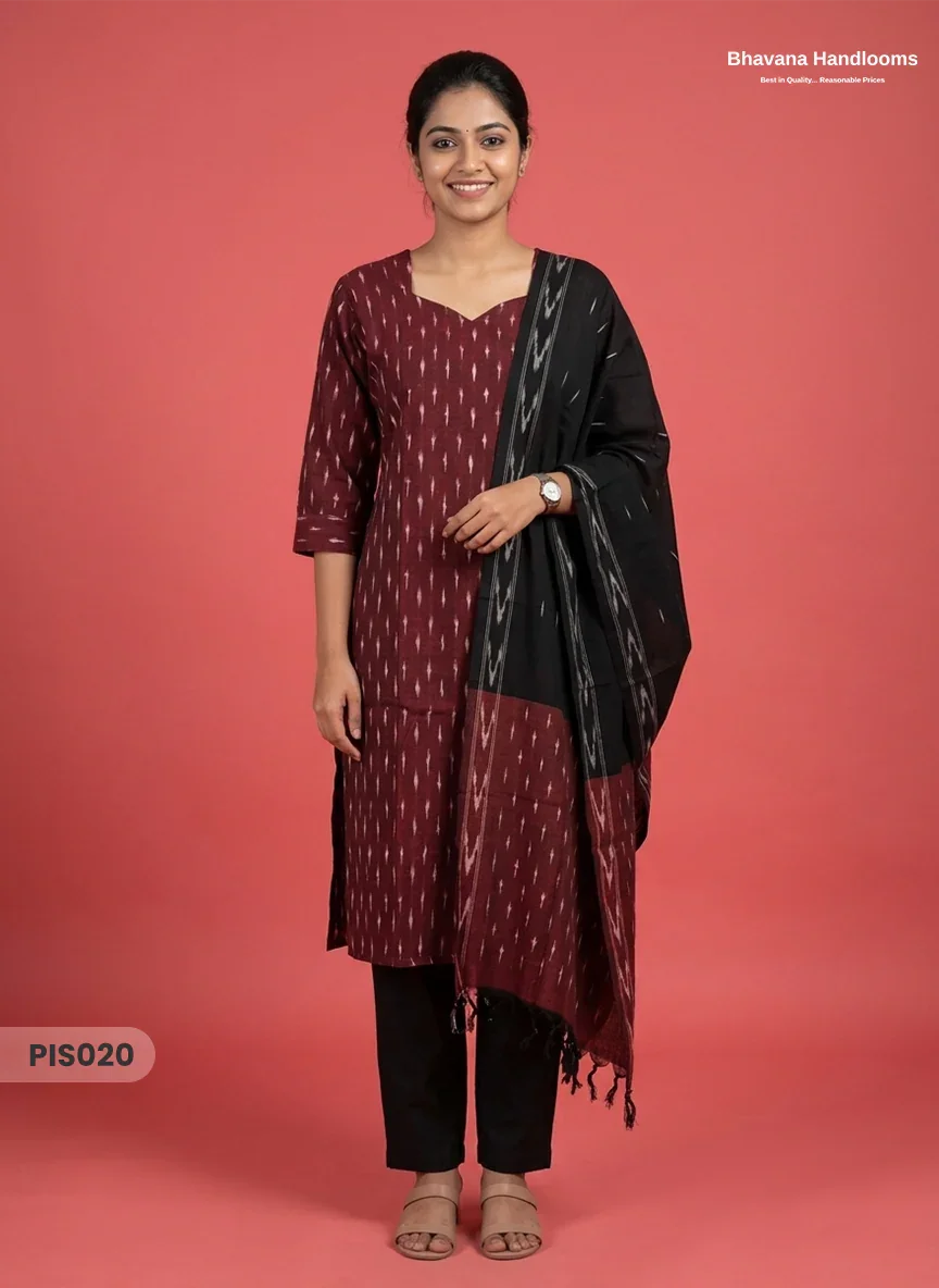 Pochampally Handloom Cotton Kurti Set Deep Maroon – Star Neck, Elastic Bottom, Pocket | Premium Ethnic Wear