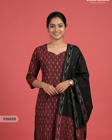 Pochampally Handloom Cotton Kurti Set Deep Maroon – Star Neck, Elastic Bottom, Pocket | Premium Ethnic Wear