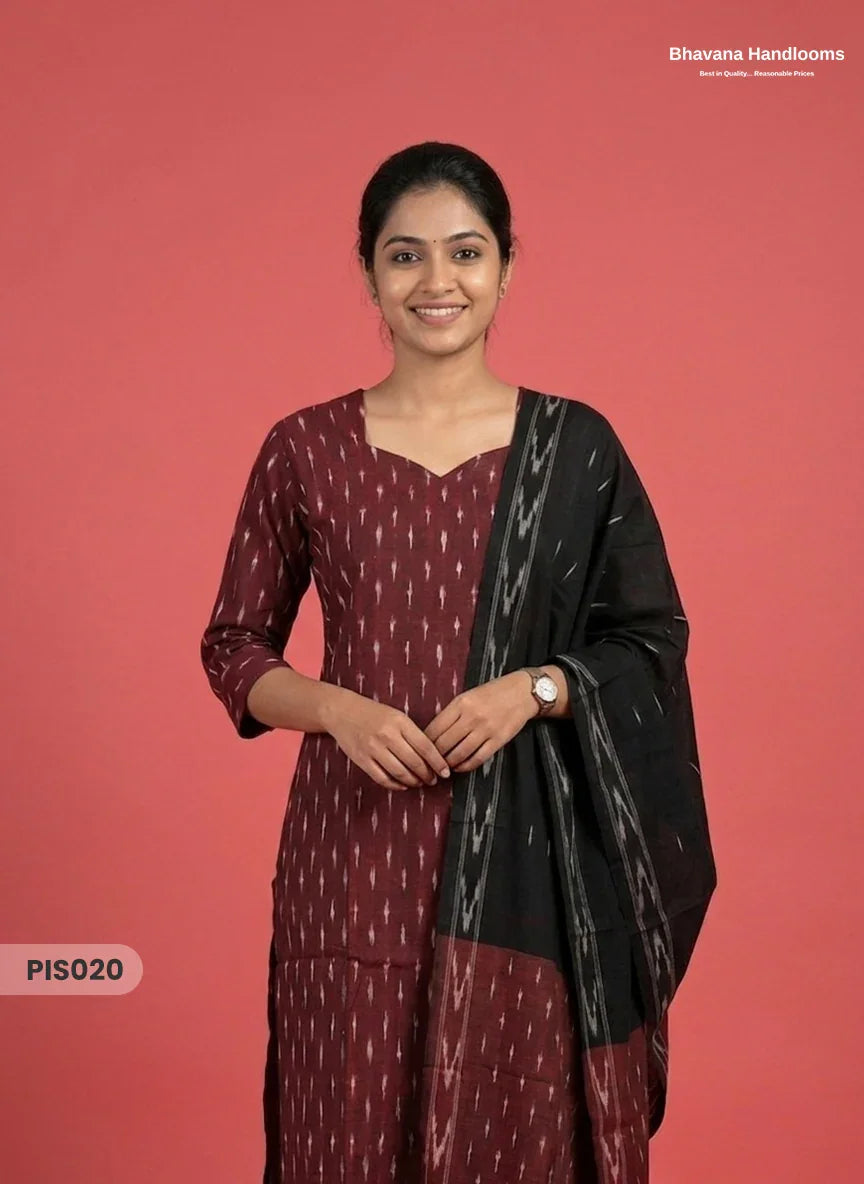 Pochampally Handloom Cotton Kurti Set Deep Maroon – Star Neck, Elastic Bottom, Pocket | Premium Ethnic Wear