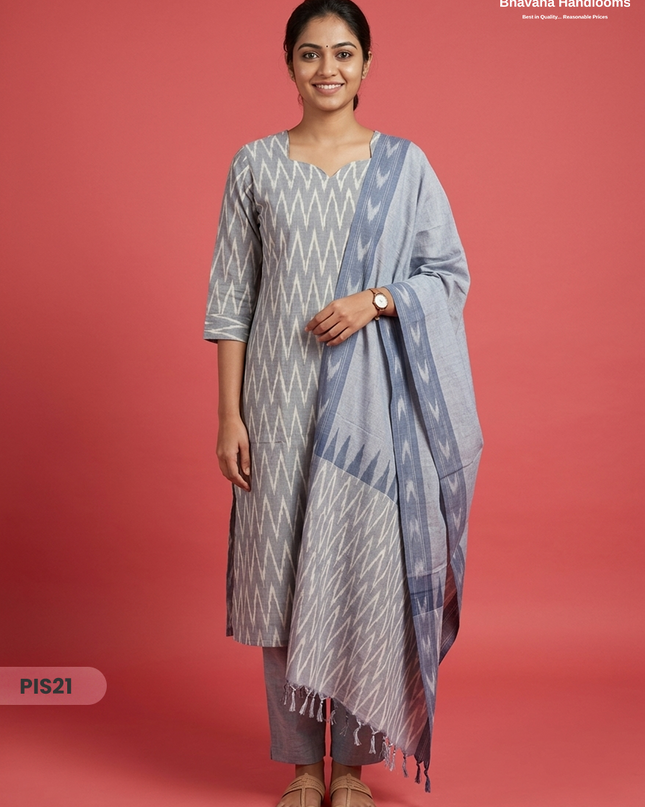 Pochampally Handloom Cotton Kurti Set Light Ash Grey – Star Neck, Elastic Bottom, Pocket | Premium Ethnic Wear