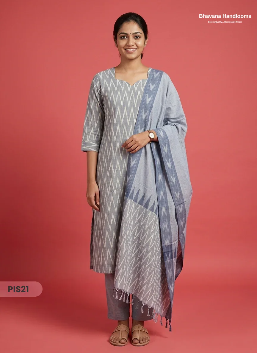 Pochampally Handloom Cotton Kurti Set Light Ash Grey – Star Neck, Elastic Bottom, Pocket | Premium Ethnic Wear