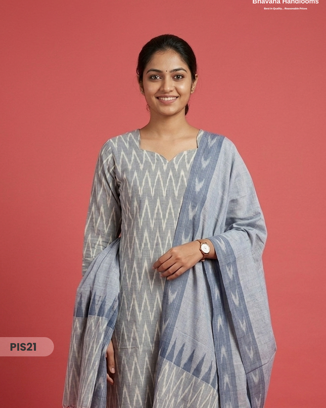 Pochampally Handloom Cotton Kurti Set Light Ash Grey – Star Neck, Elastic Bottom, Pocket | Premium Ethnic Wear