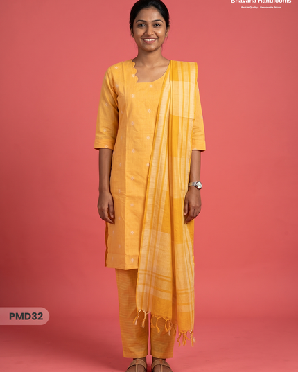 Handloom Jacquard 3pc Suit Set – Yellow with Pocket, Elastic Bottom & Full Lining