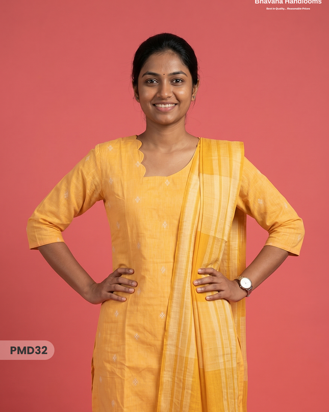 Handloom Jacquard 3pc Suit Set – Yellow with Pocket, Elastic Bottom & Full Lining