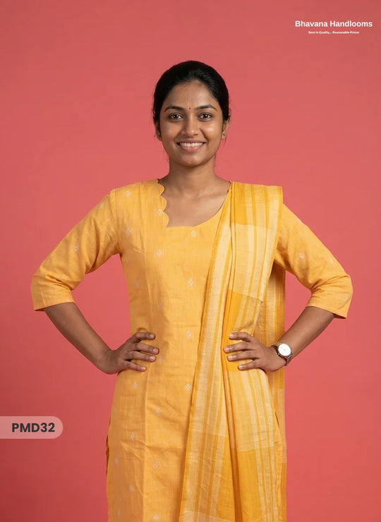 Handloom Jacquard 3pc Suit Set – Yellow with Pocket, Elastic Bottom & Full Lining