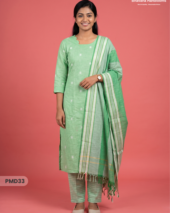 Handloom Jacquard 3pc Suit Set – Fresh Mint Green with Pocket, Elastic Bottom & Full Lining