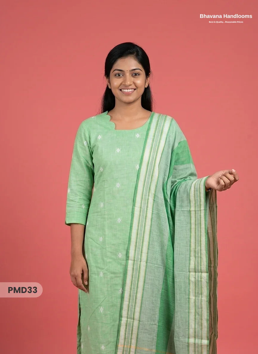 Handloom Jacquard 3pc Suit Set – Fresh Mint Green with Pocket, Elastic Bottom & Full Lining