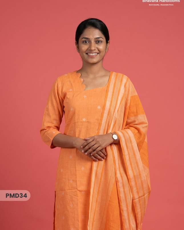 Handloom Jacquard 3pc Suit Set – Orange with Pocket, Elastic Bottom & Full Lining