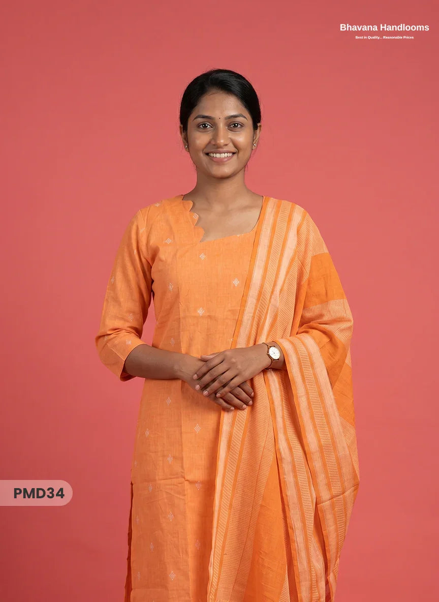Handloom Jacquard 3pc Suit Set – Orange with Pocket, Elastic Bottom & Full Lining