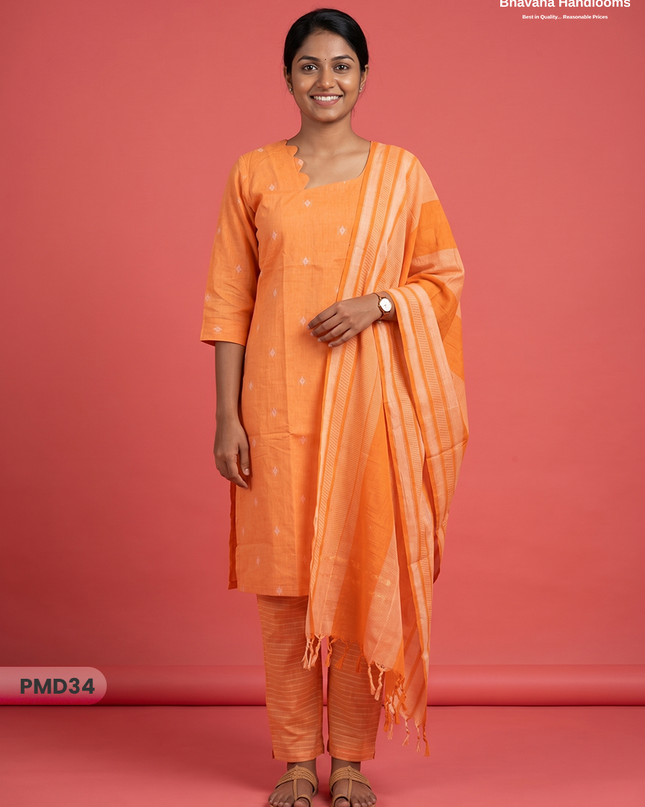 Handloom Jacquard 3pc Suit Set – Orange with Pocket, Elastic Bottom & Full Lining