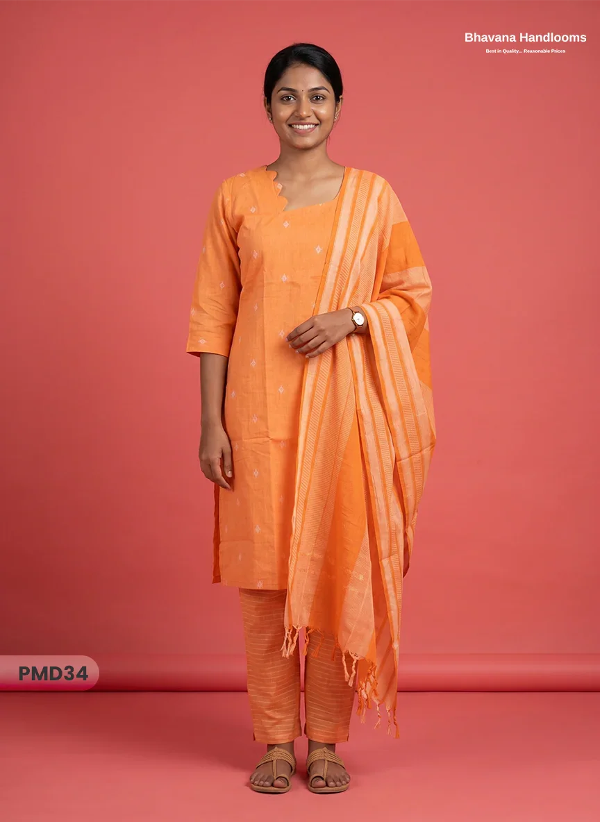 Handloom Jacquard 3pc Suit Set – Orange with Pocket, Elastic Bottom & Full Lining
