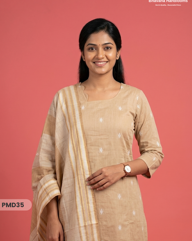 Handloom Jacquard 3pc Suit Set – Light Beige with Pocket, Elastic Bottom & Full Lining