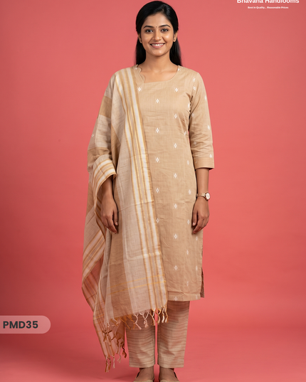 Handloom Jacquard 3pc Suit Set – Light Beige with Pocket, Elastic Bottom & Full Lining