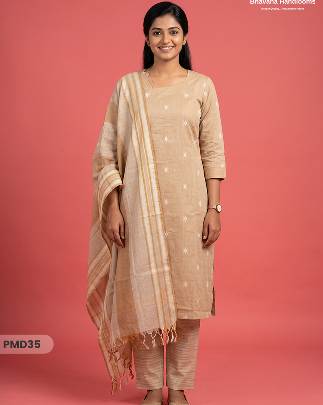 Handloom Jacquard 3pc Suit Set – Light Beige with Pocket, Elastic Bottom & Full Lining