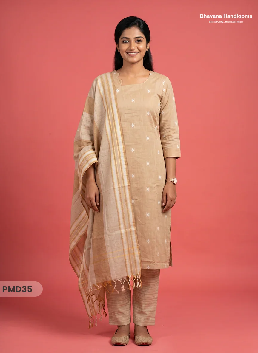 Handloom Jacquard 3pc Suit Set – Light Beige with Pocket, Elastic Bottom & Full Lining