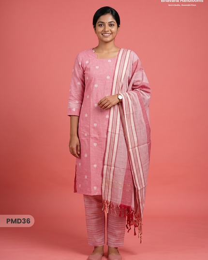 Handloom Jacquard 3pc Suit Set – Dusty Pink with Pocket, Elastic Bottom & Full Lining